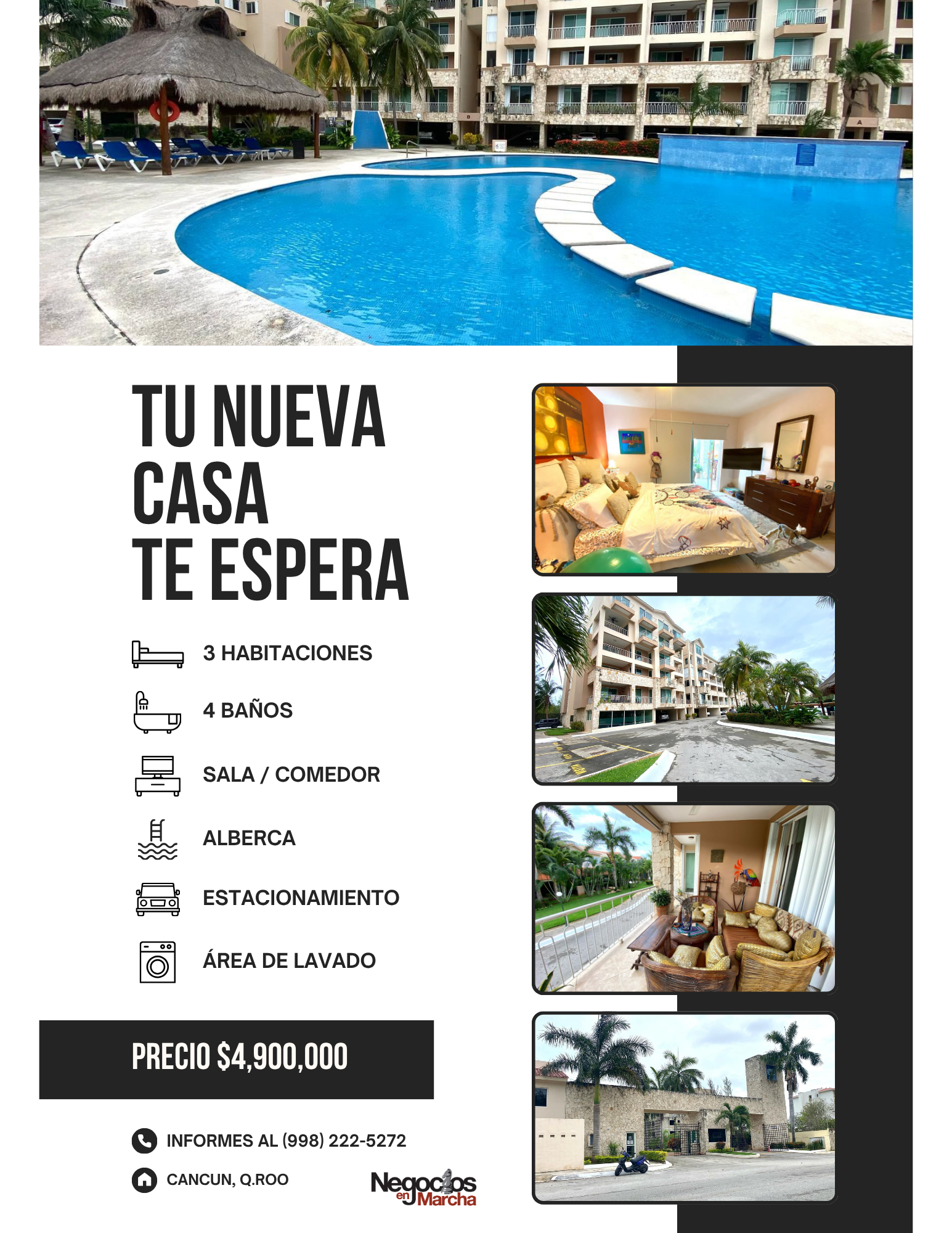 Vendo hermoso departamento en Condominio La Vista, El Table Cancún, con 3 recámaras y vista a la alberca